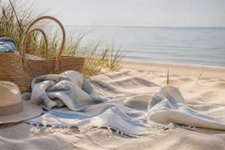 Striped linen beach towel on pale sand beside a woven bag