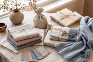 Curated linen gifts wrapped simply with paper and natural twine