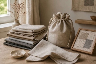 Linen offcuts made into a drawstring bag, napkin and framed textile sample