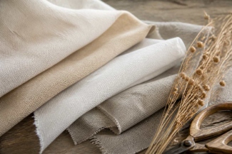 Neutral linen fabric swatches showing natural weave beside dried flax stems