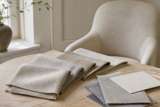 Neutral linen upholstery swatches arranged beside an upholstered chair