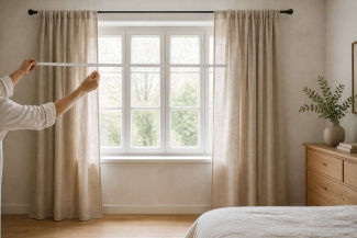 Linen curtains measured across a wide window before sewing