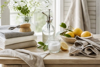 Natural spring-cleaning toolkit with reusable linen cloths and wooden brushes