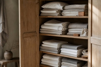Organised wooden cupboard with folded sheets, towels and table linen