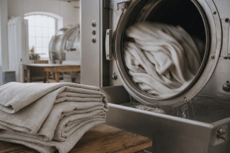 Softened linen being finished in a clean industrial washing drum
