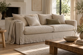 Natural linen slipcover fitted over a sofa in a light-filled living room
