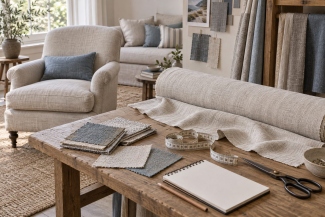 Linen upholstery fabric, measuring tape and swatches beside an upholstered armchair