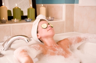 Calm home-spa bathroom with soft natural linen towels